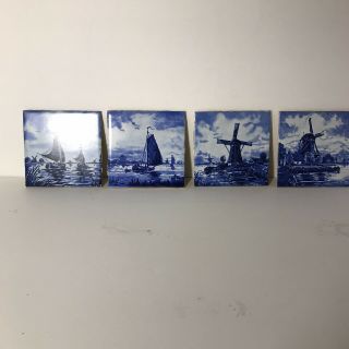 Vintage Set Of 4 Delft Blue Tiles Windmill & Sailboat Scenes - H&r Johnson - England