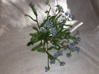Antique French Glass Beaded Flowers,  Forget - Me - Not,  4 Stems,  Handmade