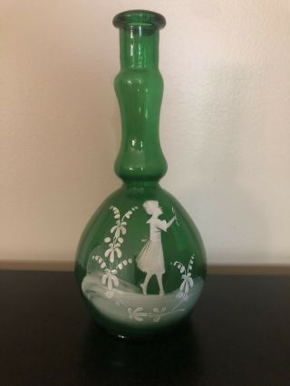 Antique Mary Gregory Green Glass Vase - 8” Height,  White Enamel Girl In Garden