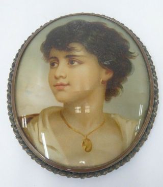 Vintage Brass Copper Oval Framed Glass Dome Miniature Portrait Picture