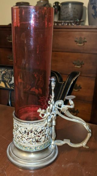 Antique Victorian Chamberstick Renaissance Revival Candlestick Holder Ruby Glass