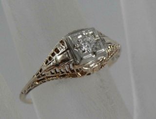 Antique 14 Karat Gold Filigree Art Deco Diamond Ring Size 5 3/4 14k F0866