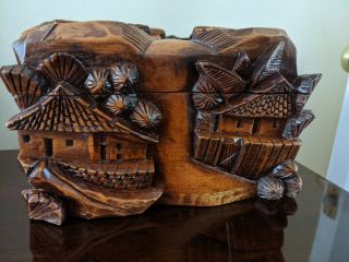 Vintage Oriental Style Carved Wooden Jewelry Box With Hinged Lid,  8 " X 5 " X 5 "