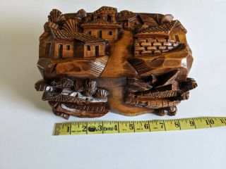 Vintage Oriental Style Carved Wooden Jewelry Box With Hinged Lid,  8 