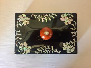Small Asian Style Black Lacquer Trinket Jewelry Box With Mother Of Pearl Inlay