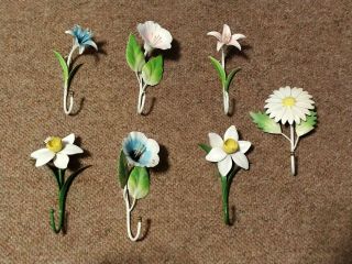 Shabby Chic 7 Vintage 6 " Metal Tole Flower Wall Hooks Hangers Enamel Painted