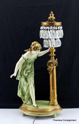 Vintage Antique Figural Lady Table Lamp With Crystal Prisms 25 " Tall