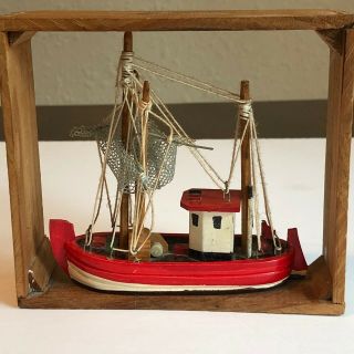 Vintage Boat Ship In Dove Tailed Frame Wood Wall Picture Nautical Decor Figure