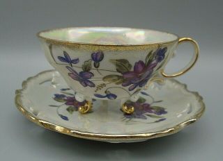 Vintage Pearlized Footed Teacup & Saucer Violets Purple Flowers Gold Trim