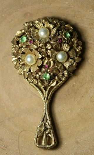Vintage Mid Century Florenza Floral Jeweled Rhinestone Pearl Hand Purse Mirror