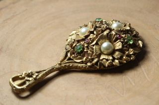 Vintage Mid Century Florenza Floral Jeweled Rhinestone Pearl Hand Purse Mirror 2