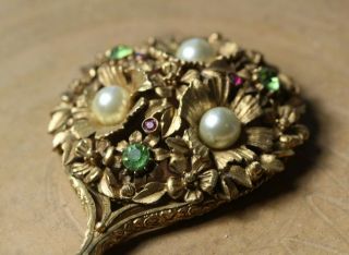Vintage Mid Century Florenza Floral Jeweled Rhinestone Pearl Hand Purse Mirror 3