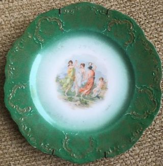 Antique Rare Royal Saxe E.  S.  Germany Display Plate 8.  25” Green W/gold Accents