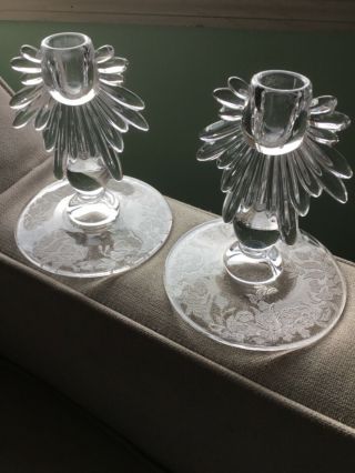 Antique Vintage Clear Glass Candle Holders With Flower Etching