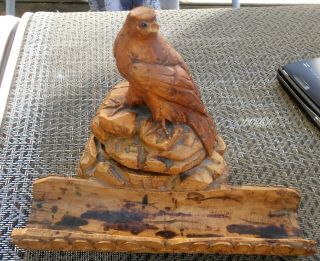 Antique Carved Wood Black Forest Roosting Eagle Glass - Eyed Inkwell