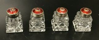 Set 4 Antique Vtg Cut Glass Crystal & Red Guilloche Sterling Salt Pepper Shaker