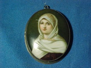 19thc Victorian Era Miniature Porcelain Hand Painted Portrait Of A Woman Pendant