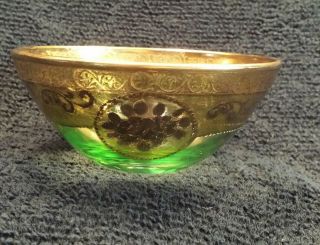 Vintage Small Green Glass Bowl Hand Painted In Gold Vallian Thick Roses