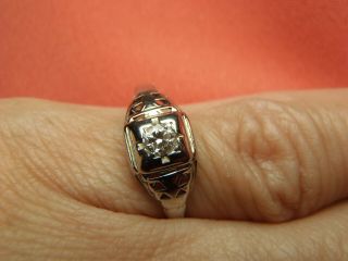 Antique Art Deco 585/14k White Gold Diamond 0.  15ct Ornate Ring Size 5.  25