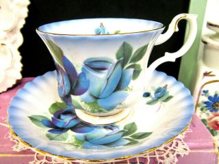 Royal Albert Tea Cup And Saucer Blue Rose And Blue Band Teacup England 1950s