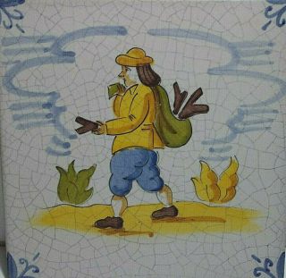 Vintage Spanish Art Tile Man Gathering Fire Wood Hand Painted Crackle Glaze