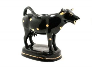 Antique English Jackfield Art Pottery Spotted Cow Creamer Black Gold Gilt 19th C