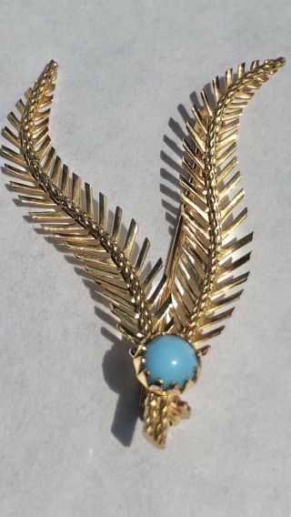 Vintage 18k Gold Feather Wings Branch Turquoise,  Pin,  Brooch.  Catch Not Opening.