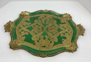 Vintage Italian Florentine Gold/green Tole Wood Toleware Tray With Gold Handles