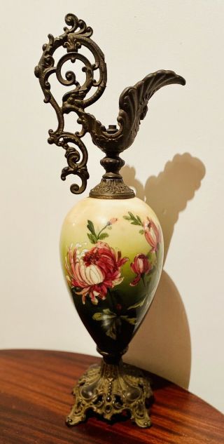 Antique Victorian Ewer Urn Vase Hand Painted Flowers Porcelain With Ornate Brass