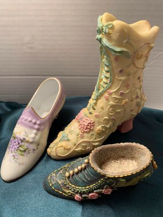 Set Of 3: Miniature Victorian Resin Ceramic Shoes And Boot