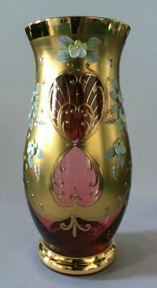 Antique Bohemian Czech Gold Cranberry Glass Vase With Floral Enamel Decoration
