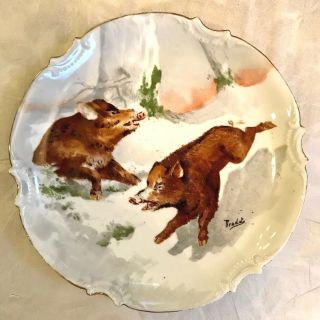 Antique Hand Painted Wild Boars Plate Coronet Limoges France Signed Pradet