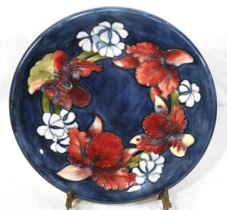 Rare Vintage Antique Moorcroft Art Pottery Plate 10 - 1/4 " Cobalt Blue Iris Orchid