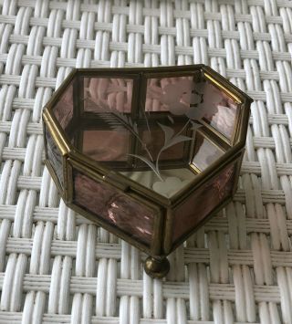 Vintage Heart Shaped Brass & Pink Glass Footed Jewelry Trinket Box Etched Flower