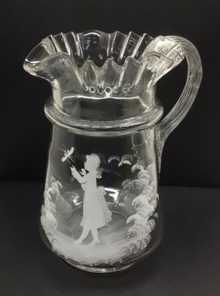 Antique Victorian Mary Gregory Pitcher - Clear Blown Glass,  Pontil,  8.  5”,  Ruffled
