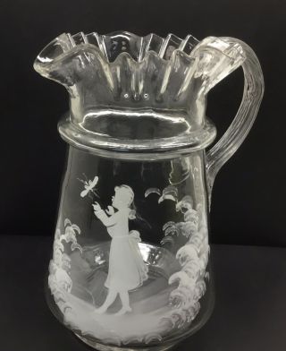 ANTIQUE VICTORIAN MARY GREGORY PITCHER - Clear Blown Glass,  Pontil,  8.  5”,  Ruffled 2
