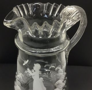 ANTIQUE VICTORIAN MARY GREGORY PITCHER - Clear Blown Glass,  Pontil,  8.  5”,  Ruffled 3