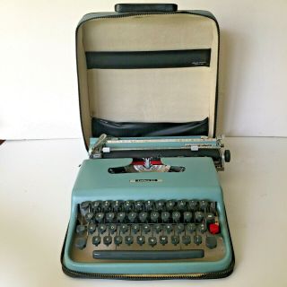 50s Vtg Underwood Olivetti Lettera 22 Portable Blue Typewriter With Case