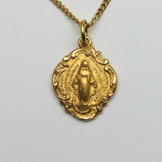 Vintage Hmh 10k Gold Miraculous Virgin Mary Medal Pendant & Chain - Old Stock