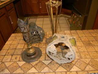 Antique Metal Lamp Parts And Shades With Slag Glass