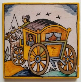 Vintage Onda Spanish Spain Woman In Caravan Horses Hand Painted Tile Trivet 5 "