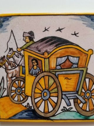 Vintage Onda Spanish Spain Woman In Caravan Horses Hand Painted Tile Trivet 5 