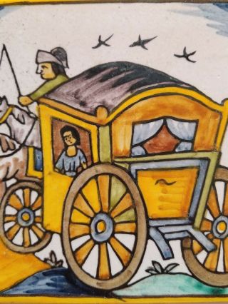 Vintage Onda Spanish Spain Woman In Caravan Horses Hand Painted Tile Trivet 5 