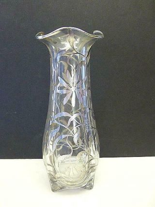 Art Nouveau Lily Flower Sterling Silver Overlay Glass Vase 10.  5 "