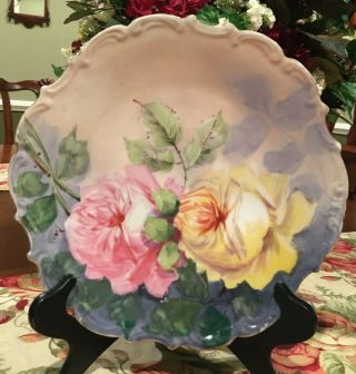 Antique Limoge Porcelin Flambeau Hand Painted Roses Artist Signed Victorian
