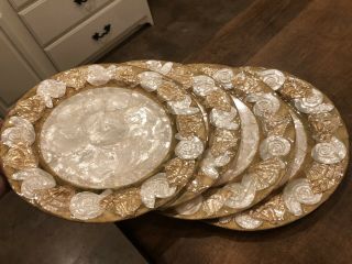 Set Of 4 - Vintage Hollywood Regency Capiz Kappa Shell Gold Clam Dinner Plates