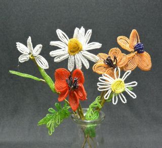 Vintage French Glass Seed Bead Flower Bouquet; 5 Stems