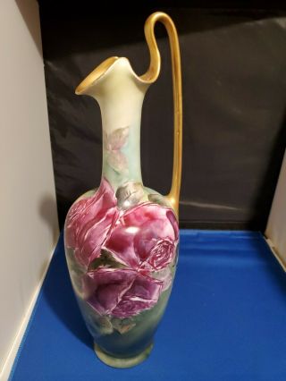 Antique Hand Painted Purple Flower & Gilded Bavarian Pitcher Vase