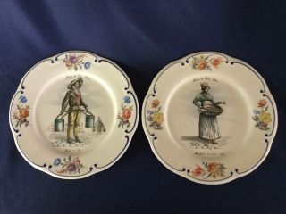 2 French Plates 9 1/2 " Metiers De Vieux Paris - Water Carrier And Fruit Seller