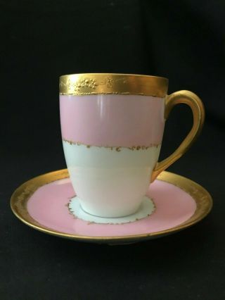 Vintage Porcelain Tea Cup And Saucer Thomas Sevres Bavaria Demitasse Pink Gold